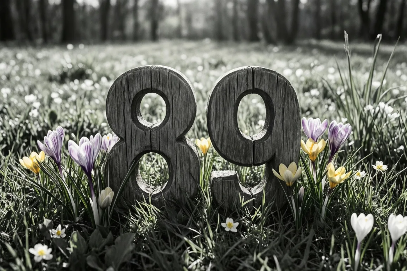 Houten cijfers vormen 89 in een grasweide met lentebloemen, waarbij gele en paarse bloemen opvallen tussen gedempte tinten.