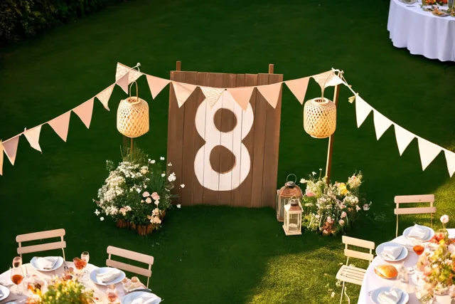 Een groot houten bord met een geschilderde 8 staat tussen vlaggetjes en hangende lantaarns op een zonnig grasveld met tafels en stoelen.