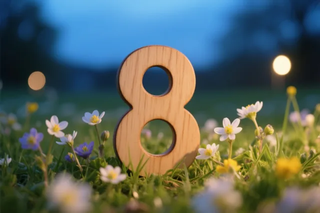 Een houten 8 staat in een grasweide met kleine witte en paarse bloemen in zacht, warm zonlicht, tegen een onscherpe blauwe lucht met lichtvlekken.