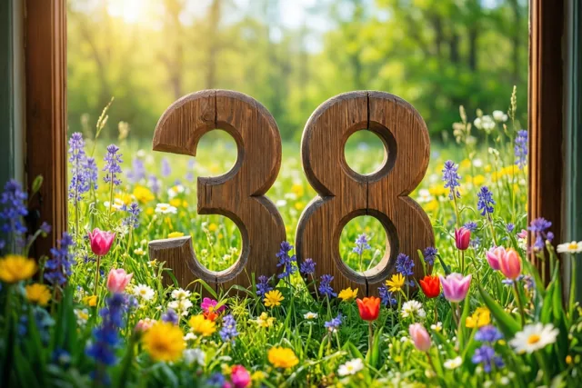 Door een raam zie je houten cijfers 38 in een zonnige groene weide met kleurrijke lentebloemen, waaronder gele en paarse bloemen.