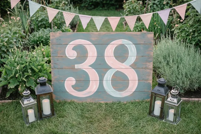 Een groot houten bord met het getal 38 staat op het gras in een tuin, tussen lantaarns en onder een vlaggetjesslinger, met groen op de achtergrond.