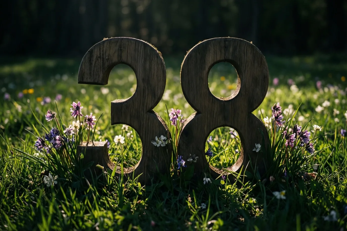 Houten cijfers 38 staan rechtop in een zonnige weide met groen gras en kleine paarse en witte bloemen.