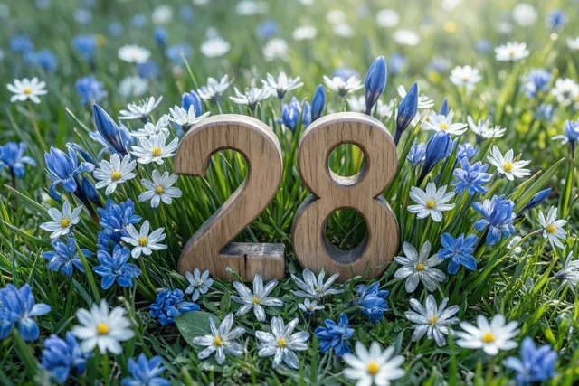 Houten cijfers vormen 28 in een zonnige weide met blauwe en witte lentebloemen.