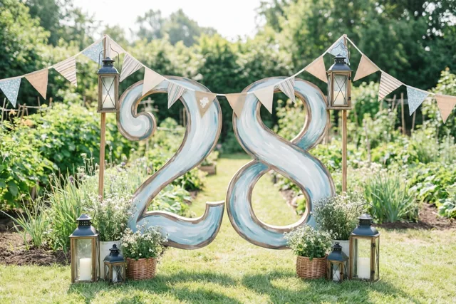 Een groot geschilderd houten bord met 28 staat op het gras in een zonnige tuin, omringd door vlaggetjes en zwarte lantaarns met kaarsen.
