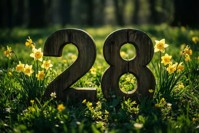 Houten cijfers vormen 28 in een zonnige grasweide vol gele narcissen.