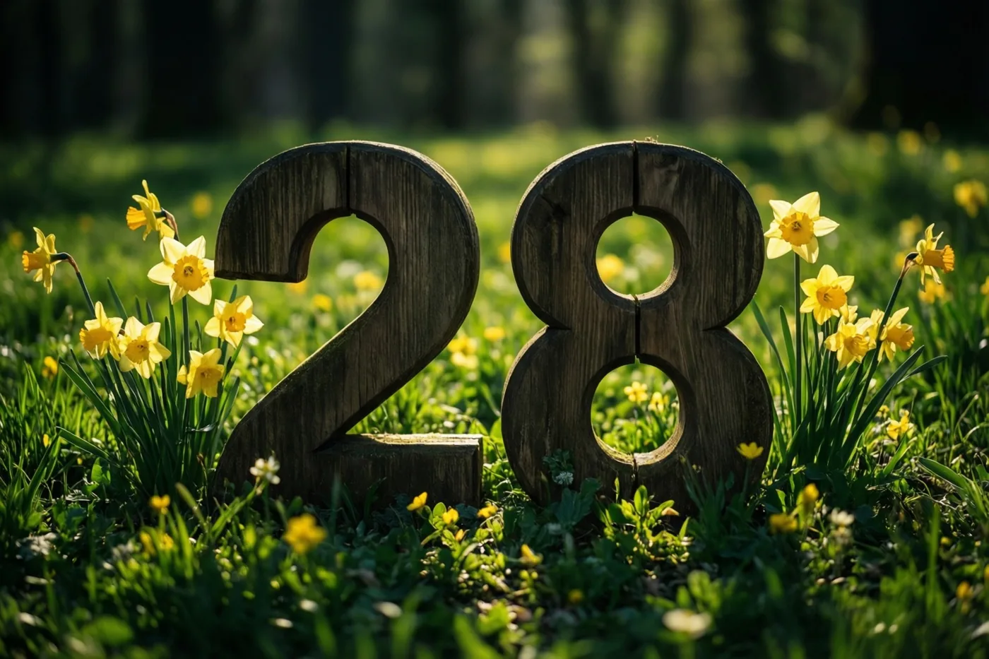 Houten cijfers vormen 28 in een zonnige grasweide vol gele narcissen.