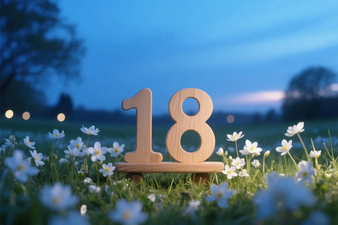 Houten cijfers vormen 18 in een grasweide met kleine witte bloemen, onder een blauwe schemerlucht met onscherpe lichtjes op de achtergrond.