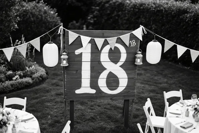 Een zwart-witfoto toont een groot houten bord met een geschilderde 18 in een tuin met tafels, stoelen, vlaggenlijnen en lantaarns.