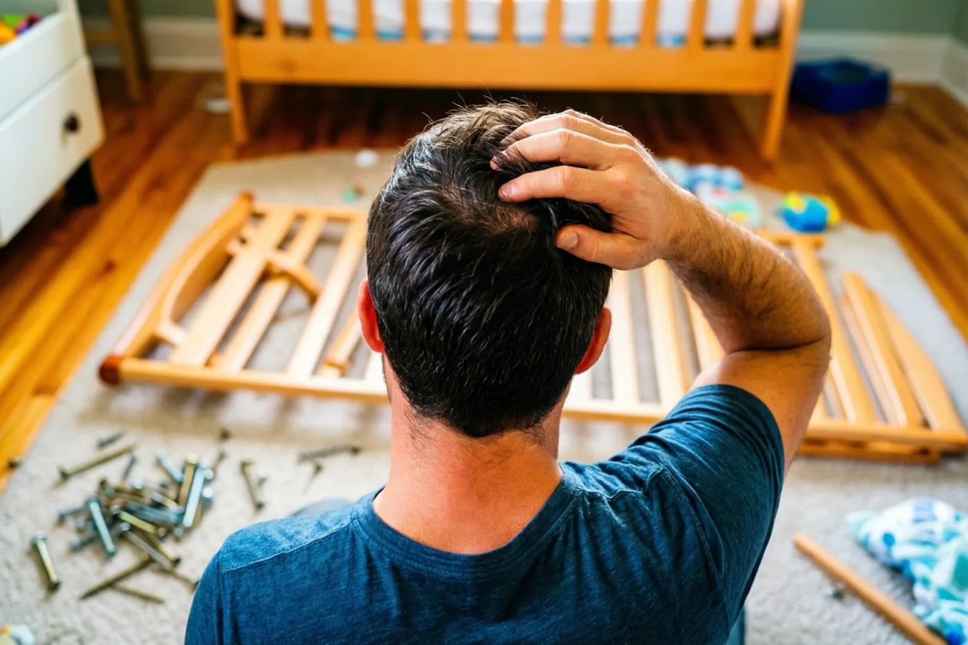 Een man zit van achteren gezien op een lichte houten vloer en krabt aan zijn hoofd tussen houten bedonderdelen en losse schroeven, met een half gemonteerd babybed achter hem.