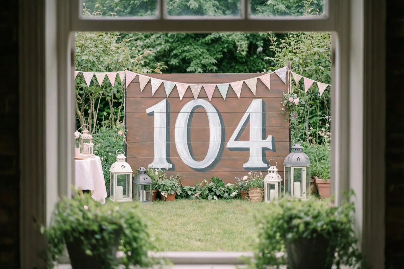 Door een raamkozijn is een groene tuin te zien met een groot houten bord met 104, vlaggetjes en lantaarns in zachte pastel- en aardetinten.