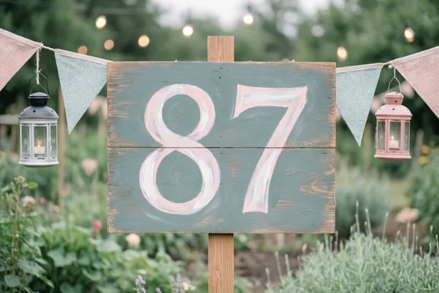 Een rustiek houten bord met het geschilderde getal 87 staat in een tuin tussen vlaggenlijnen en hangende lantaarns, met lichtslingers op de achtergrond.