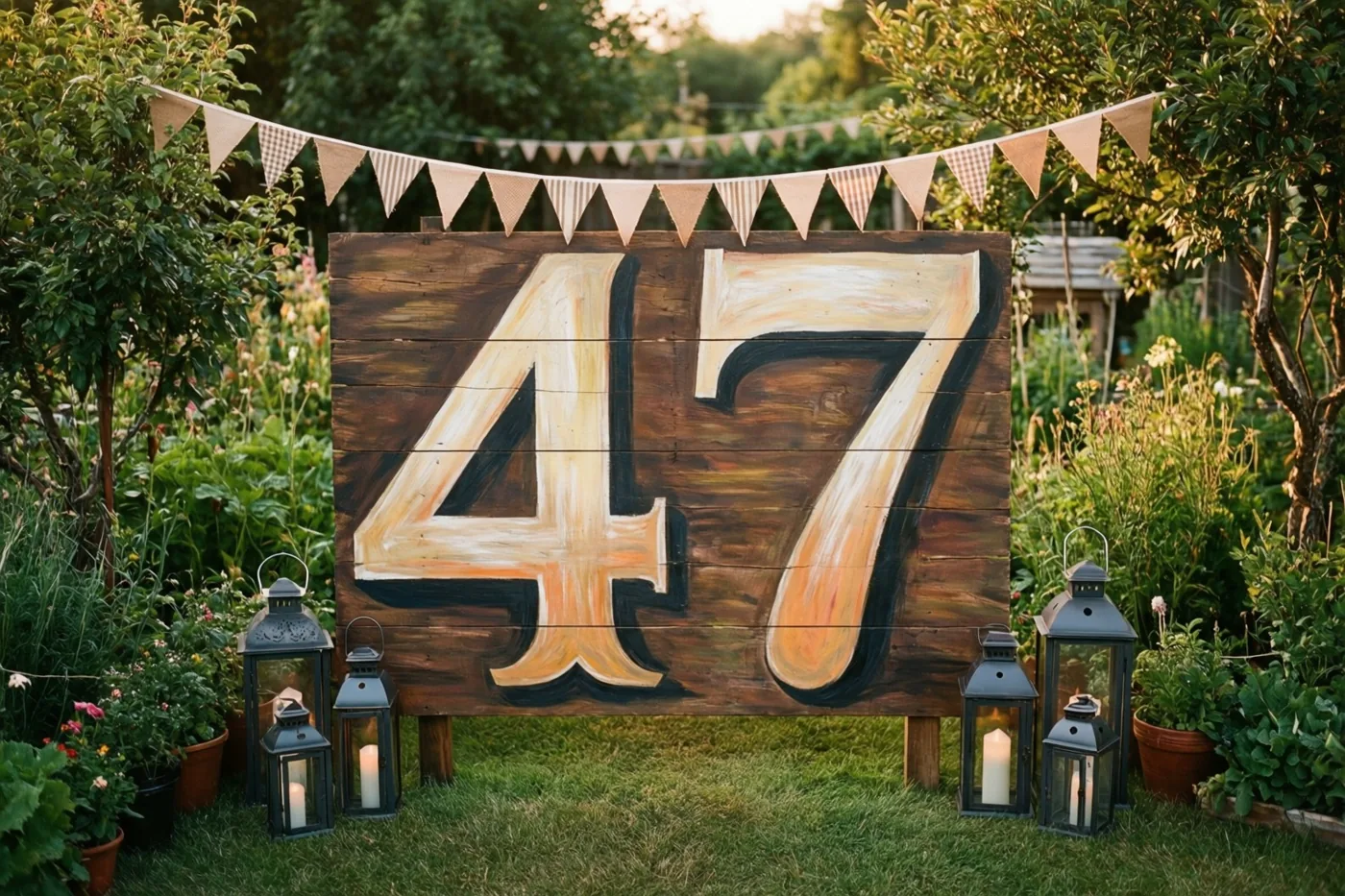 Een groot houten bord met 47 in roomwit en zwart staat tussen groen, vlaggetjes en brandende lantaarns in een tuin met goudkleurig avondlicht.