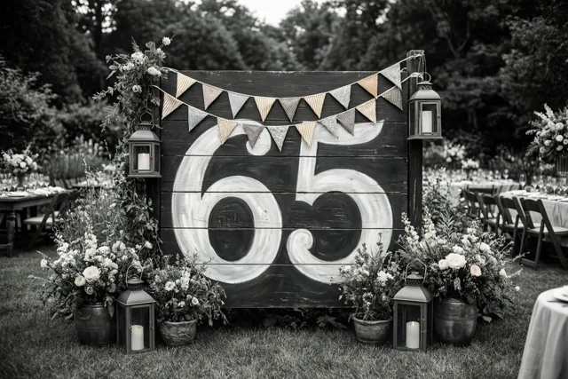 Een groot houten bord met 65 staat in een tuin tussen bloemstukken en lantaarns, met vlaggetjes erboven en gedekte tafels achteraan.