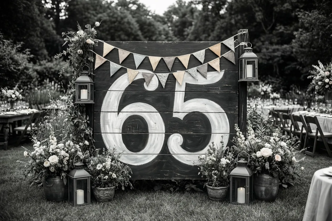 Een groot houten bord met 65 staat in een tuin tussen bloemstukken en lantaarns, met vlaggetjes erboven en gedekte tafels achteraan.