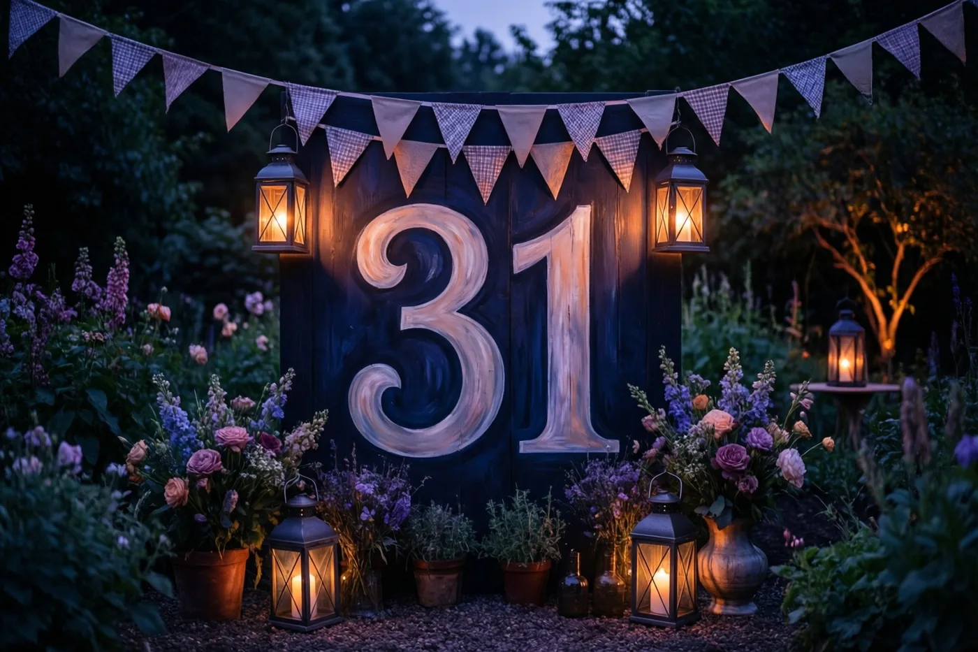Een groot houten bord met 31 in witte verf staat bij schemering tussen bloemen in een tuin met hangende lantaarns en vlaggetjes.