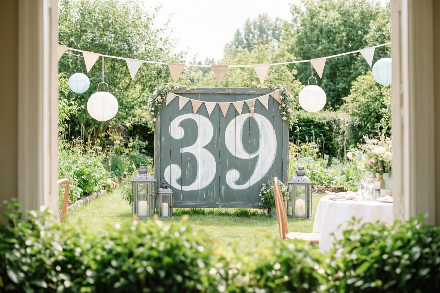 Door een raam is een groene tuin zichtbaar met een groot houten bord waarop 39 geschilderd staat, vlaggenlijnen, papieren lampionnen en een gedekte tafel.