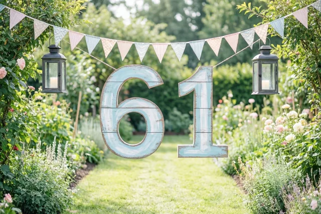 Een groot beschilderd houten bord met 61 hangt tussen vlaggetjes en lantaarns bij een zonnig tuinpad met groen en bloemen.