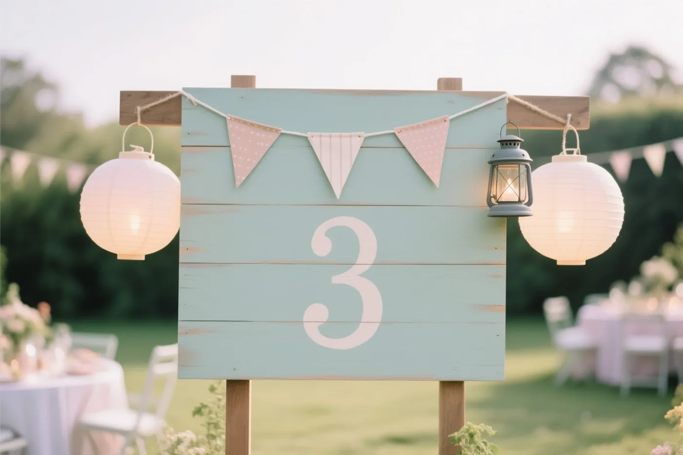 Een groot beschilderd houten bord met het cijfer 3 is versierd met vlaggetjes en hangende lampionnen, in een tuin met tafels en stoelen op de achtergrond.