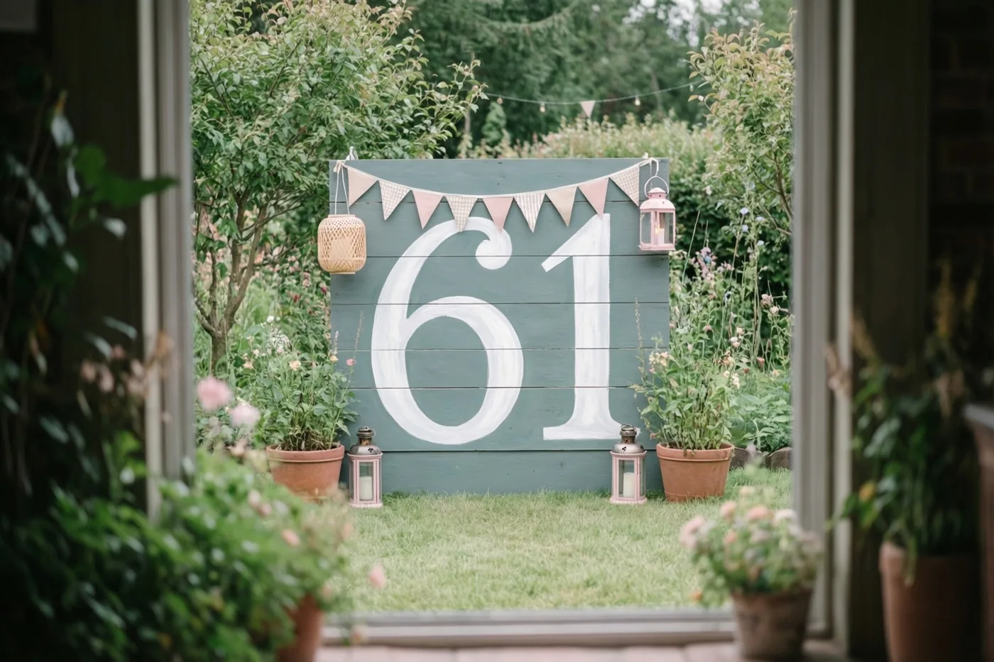Door een raam is een tuin te zien met een groot houten bord met 61, potplanten en decoratieve lantaarns.