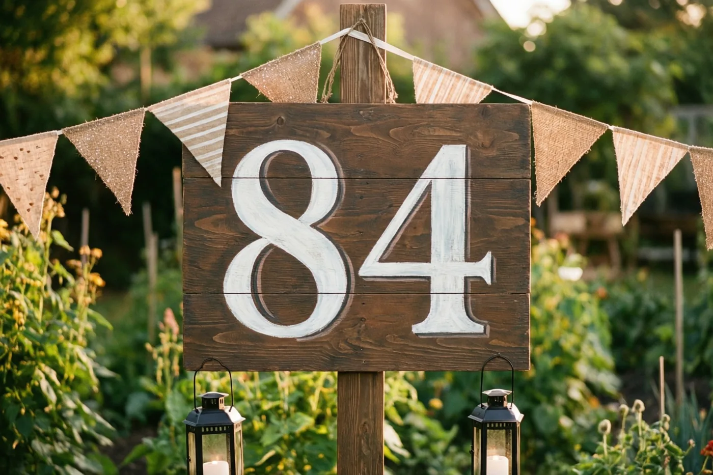 Een rustiek houten bord met 84 in witte verf staat in een tuin, versierd met vlaggetjes en omringd door lantaarns in warm goudkleurig licht.