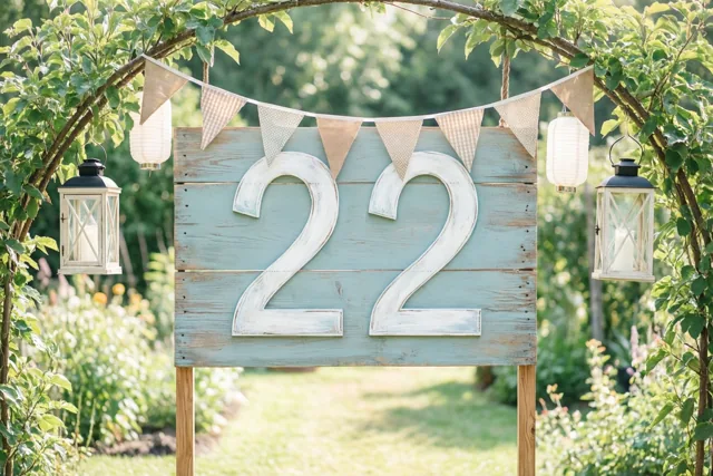 Een landelijk houten bord met 22 staat in een zonnige tuin met groen, vlaggetjes en hangende lantaarns.