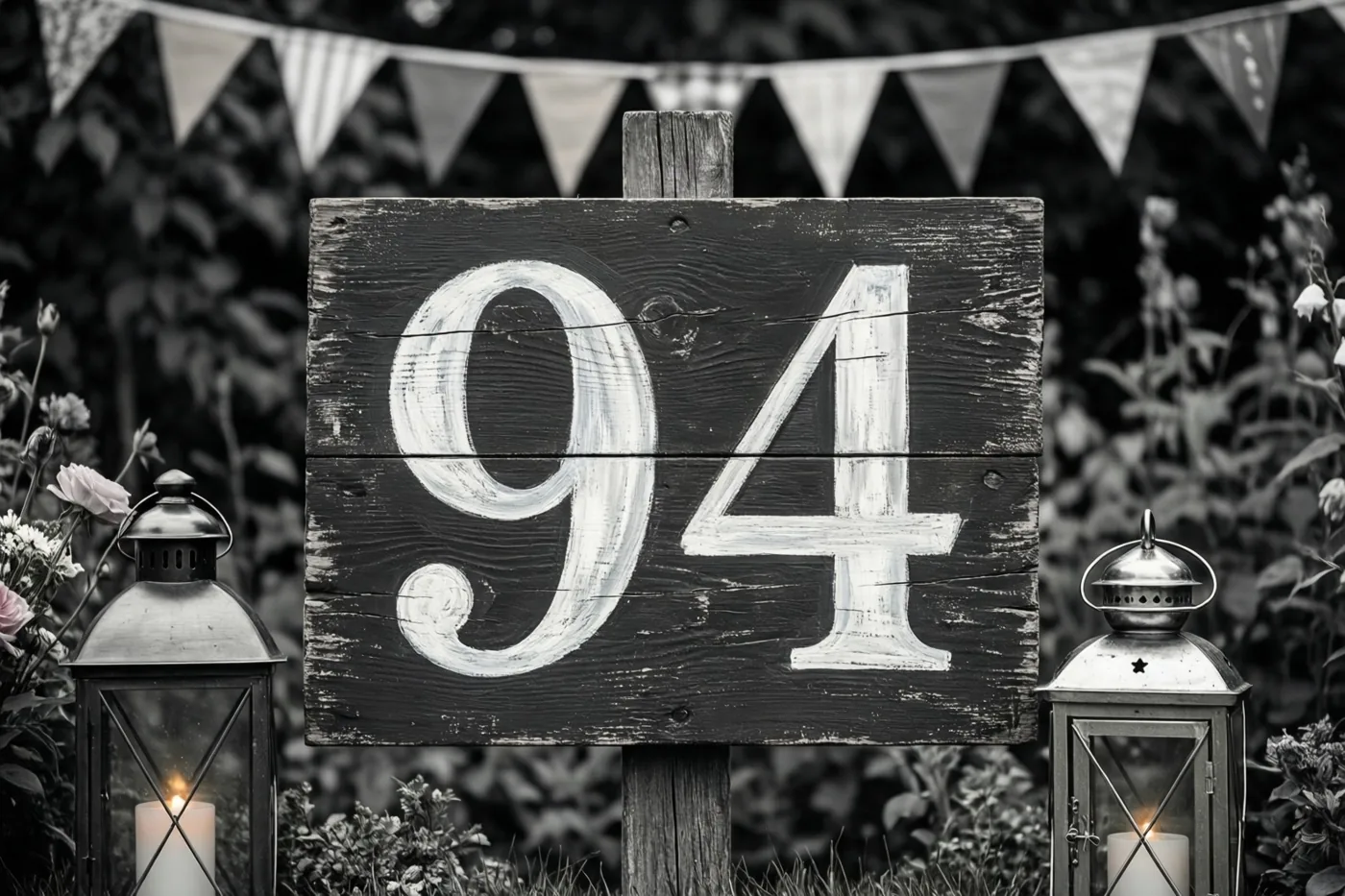 Een zwart-witfoto toont een verweerd houten bord met 94 in witte verf tussen twee brandende lantaarns, met vlaggetjes en tuingroen op de achtergrond.