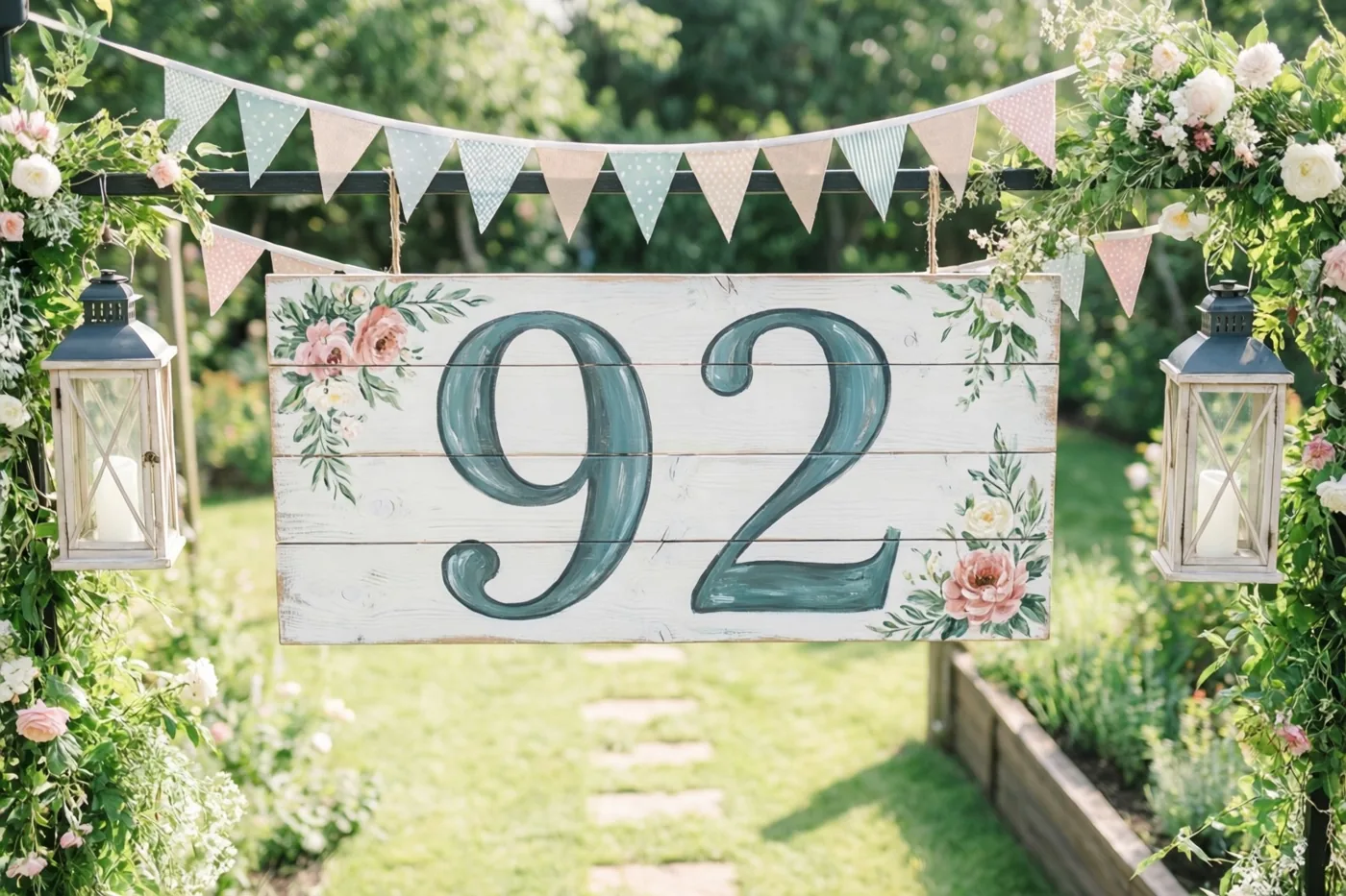 Een houten bord met 92 in blauwgroene verf staat in een zonnige tuin tussen bloemstukken, hangende lantaarns en vlaggetjes.