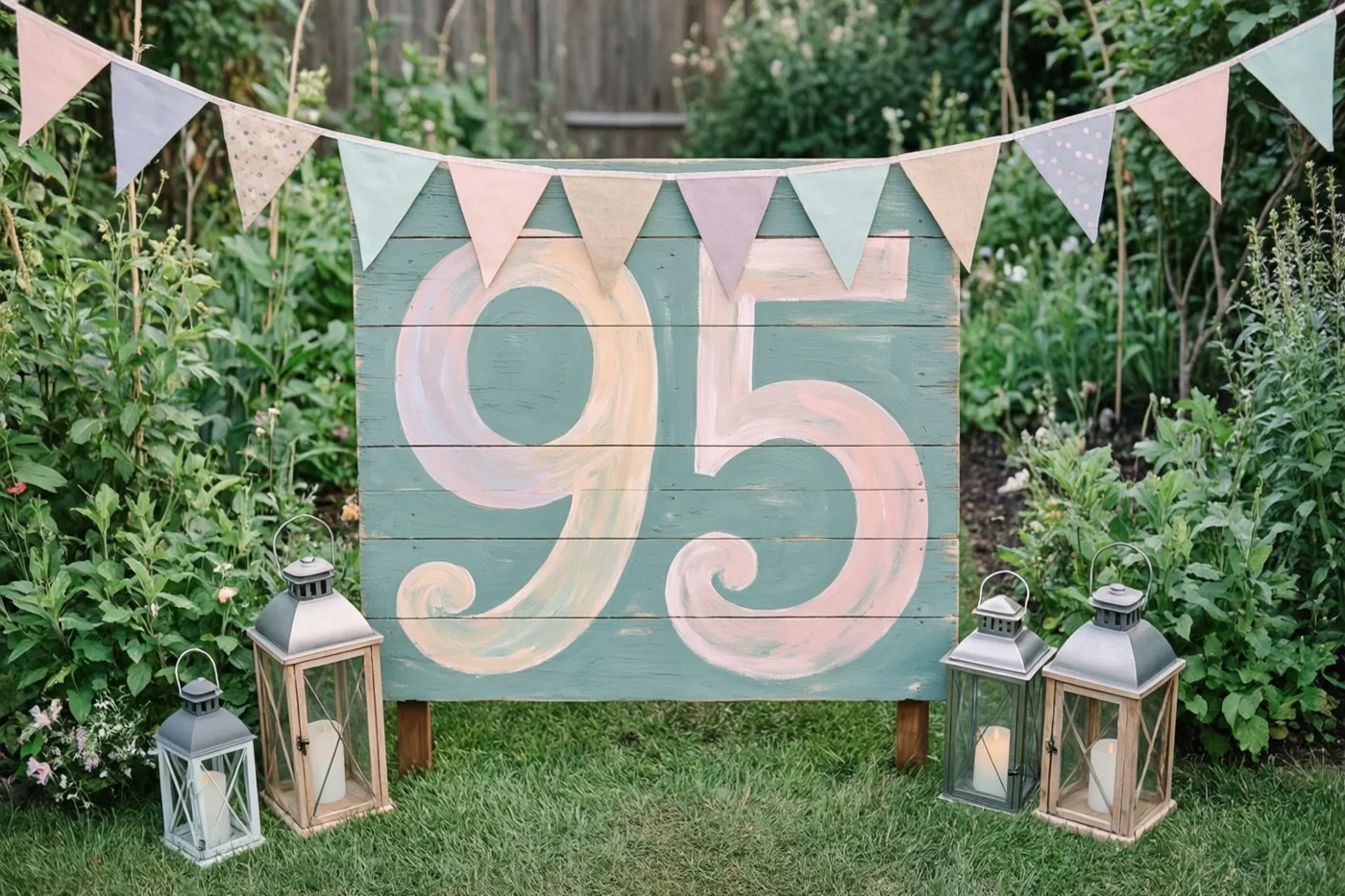 Een groot houten bord met het geschilderde getal 95 staat in een tuin met gras, pastelkleurige vlaggetjes en brandende lampions in blauwgroene, roze en groene tinten.
