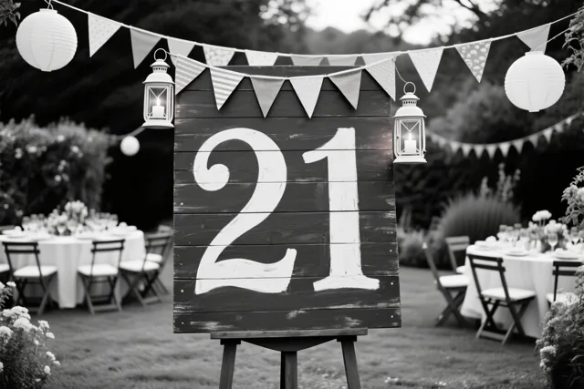 Een zwart-witfoto toont een groot houten bord met 21 in witte verf, versierd met vlaggetjes en lantaarns, met tuintafels en stoelen op de achtergrond.