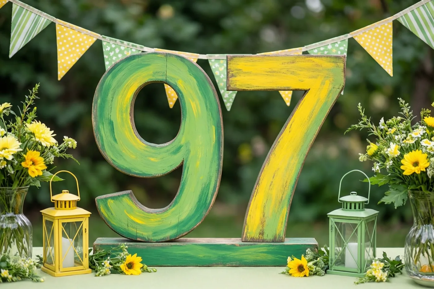 Een groot beschilderd houten bord met 97 staat op een tafel tussen gele en groene lantaarns en bloemstukken, onder geelgroene vlaggetjes.