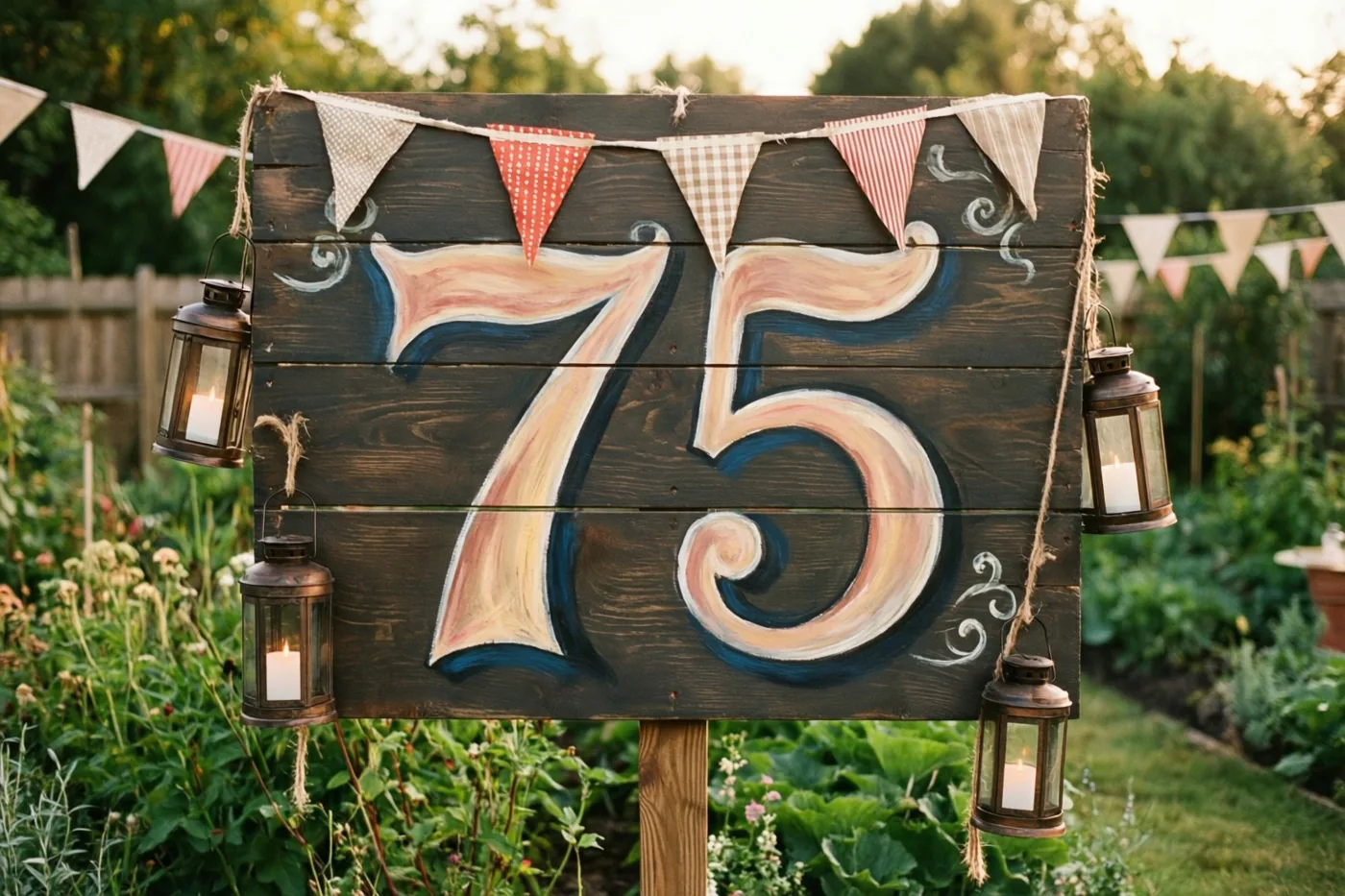 Een groot houten bord met het geschilderde getal 75 staat in een weelderige tuin met vlaggetjes en hangende lantaarns in zacht warm licht.