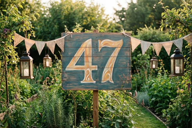 Een landelijk houten bord met 47 in oranje en wit staat in een groene tuin met vlaggetjes en hangende lantaarns in warm zonlicht.