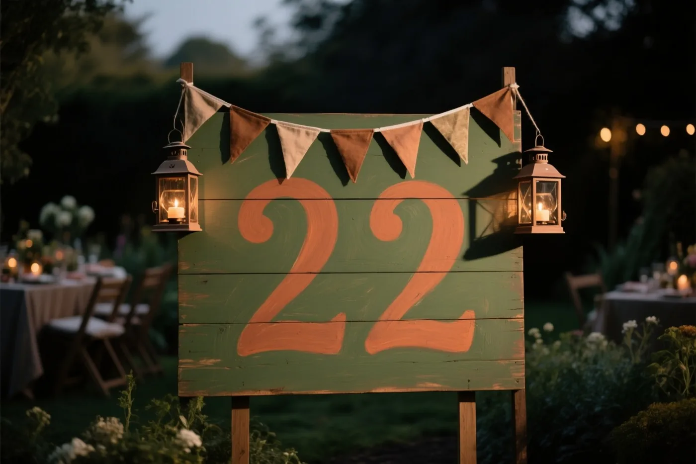 Een groot houten bord met het geschilderde getal 22 staat in een tuin in de schemering, tussen vlaggenlijnen en hangende lantaarns, met tafels en stoelen op de achtergrond.