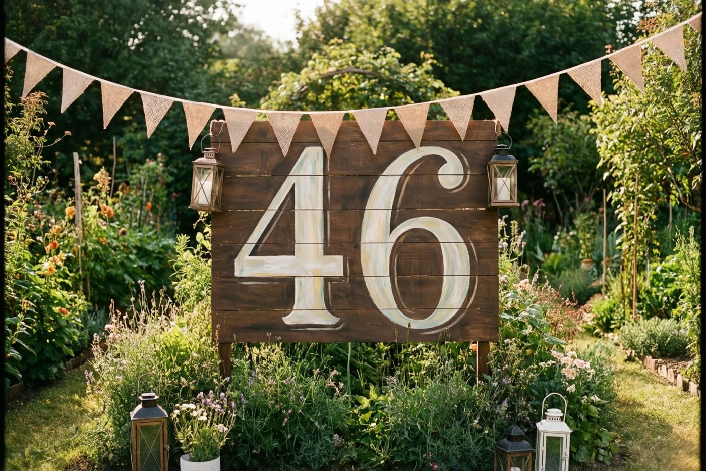 Een groot houten bord met 46 in witte verf staat tussen groen en bloemen in een tuin, met juten vlaggetjes erboven en lantaarns in oude stijl eromheen.