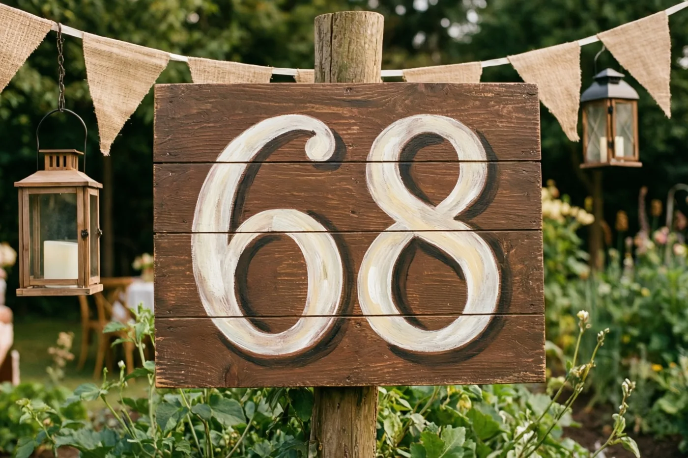 Een rustiek houten bord met 68 in witte verf staat in een tuin met juten vlaggetjes en hangende lampionnen.