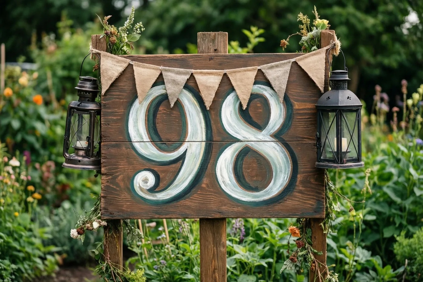 Een houten bord met 98 staat in een weelderige tuin met juten vlaggetjes en hangende lantaarns, in aardse bruine, groene en witte tinten.