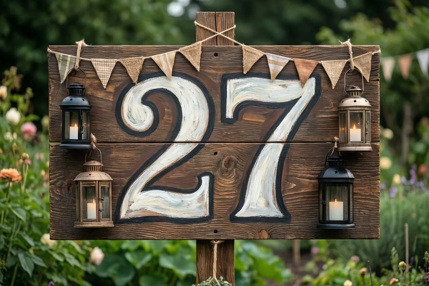 Een houten bord met 27 in wit met zwarte randen staat in een tuin, versierd met juten vlaggetjes en hangende lantaarns met brandende kaarsen tussen groen en bloemen.