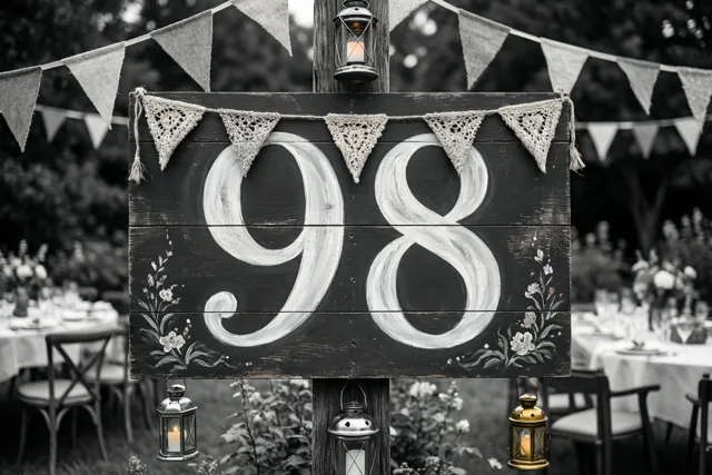 Een zwart-witfoto toont een houten bord met 98 in witte verf, kanten vlaggetjes en lantaarns in een tuin met tafels op de achtergrond.