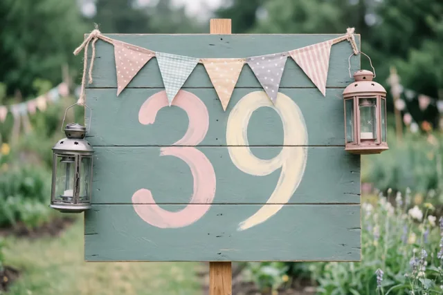 Een houten bord met het geschilderde getal 39 staat in een tuin met vlaggenlijnen en hangende lampionnen in pastelroze, crème en zachtgroene tinten.