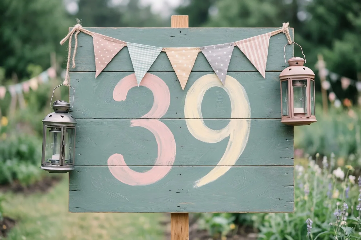 Een houten bord met het geschilderde getal 39 staat in een tuin met vlaggenlijnen en hangende lampionnen in pastelroze, crème en zachtgroene tinten.