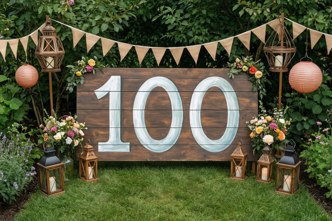 Een groot houten bord met 100 in lichtblauwe verf staat op het gras tussen vlaggenlijnen, lantaarns en bloemstukken, met groen op de achtergrond.