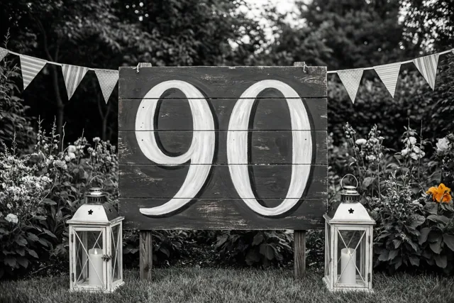 Een houten bord met 90 in witte verf staat in een tuin tussen twee witte lantaarns en vlaggenlijnen, in een zwart-witbeeld met één oranje bloem.