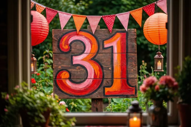 Door een raam is een houten bord met kleurrijk geschilderde 31 te zien in een tuin met vlaggetjes, papieren lampionnen, kaarsen en bloemen.