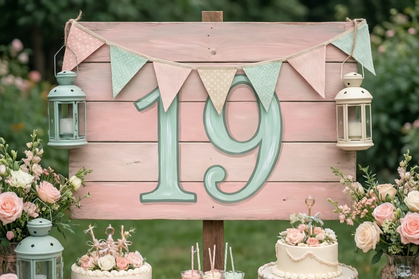 Een groot beschilderd houten bord met 19 is versierd met pastelkleurige vlaggetjes en hangende lantaarns, tussen bloemstukken en taarten op een tuinfeest.