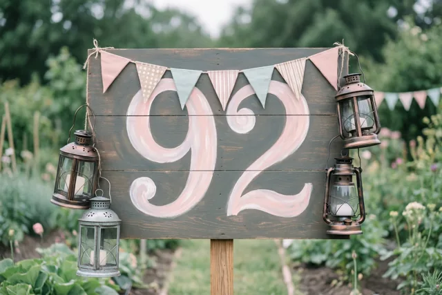 Een houten bord met 92 in roze en witte verf staat in een tuin, versierd met vlaggetjes en hangende lantaarns.