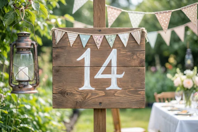 Een houten bord met het getal 14 in witte verf staat in een groene tuin, met een vlaggenlijntje erboven en een hangende lantaarn ernaast.