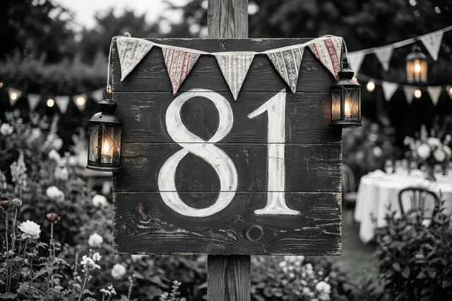 Een groot houten bord met 81 in witte verf staat in een tuin, versierd met vlaggetjes en hangende lantaarns in warm licht.