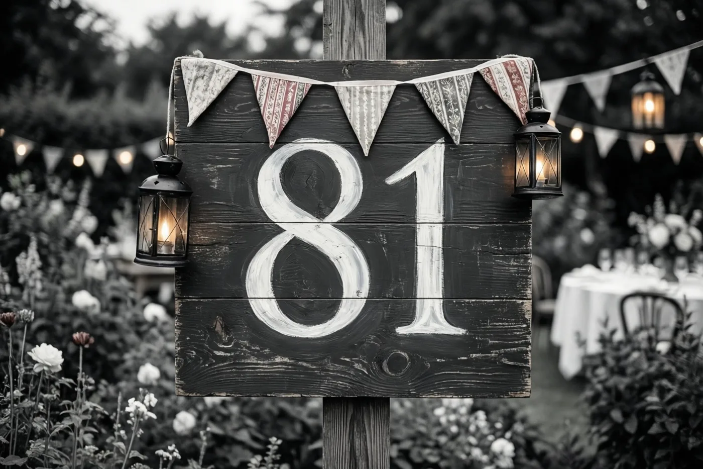 Een groot houten bord met 81 in witte verf staat in een tuin, versierd met vlaggetjes en hangende lantaarns in warm licht.