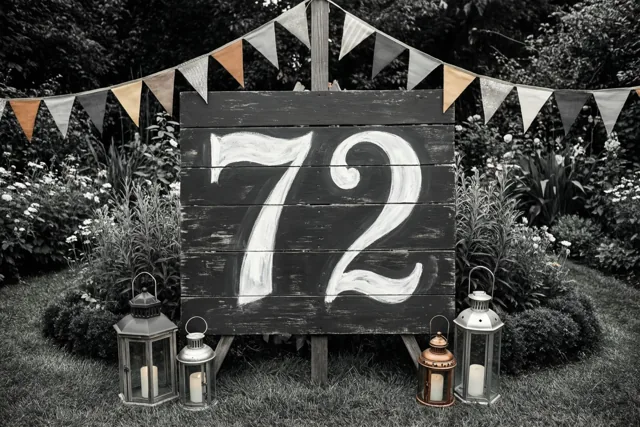Een groot houten bord met 72 in witte verf staat in een tuin, omringd door vlaggetjes en lantaarns.