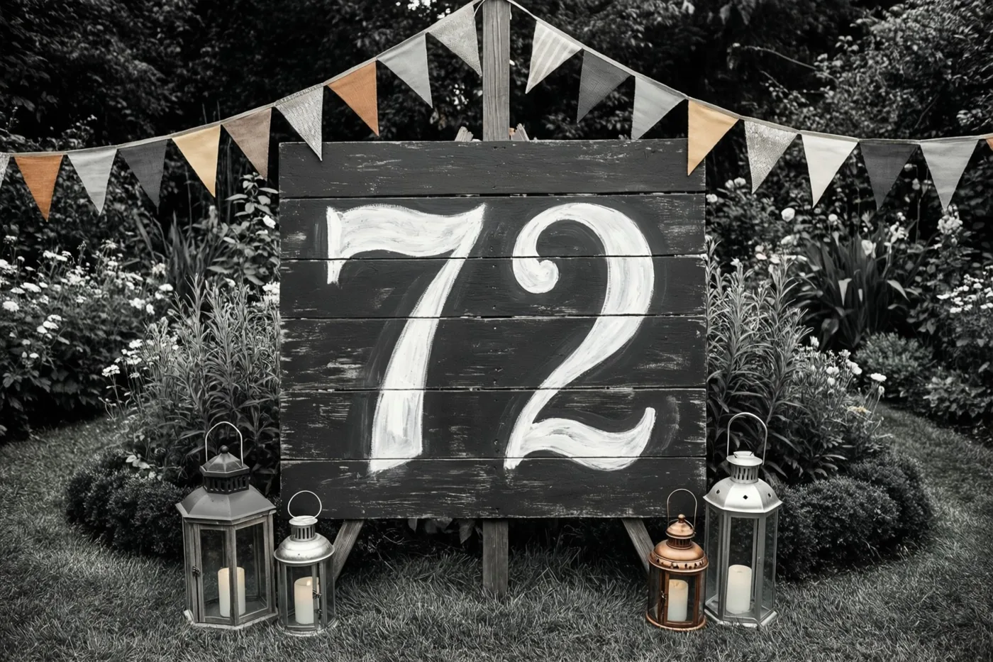 Een groot houten bord met 72 in witte verf staat in een tuin, omringd door vlaggetjes en lantaarns.